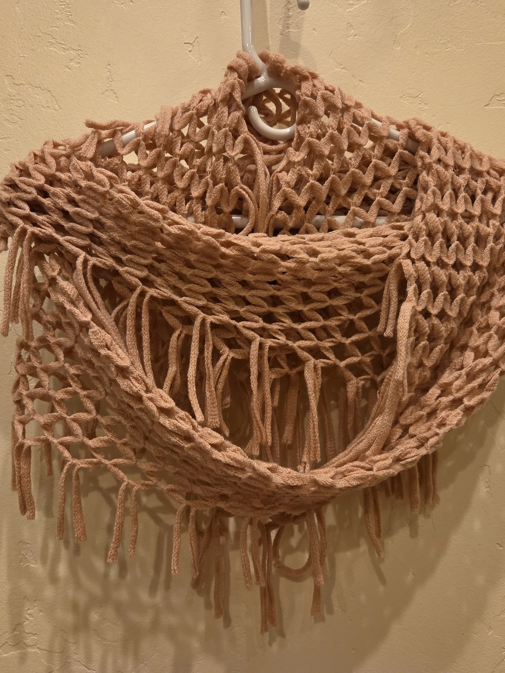 D&Y Open Weave Fringe Infinity Scarf in Dusty Peach